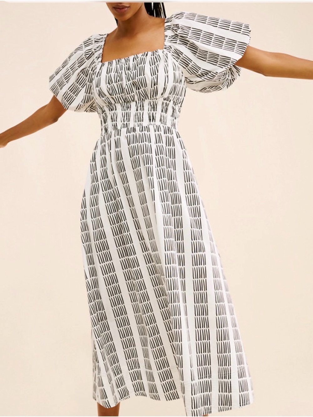 Maeve White Black Geometric Square Neck Smocked Puff Sleeve Midi Dress MP